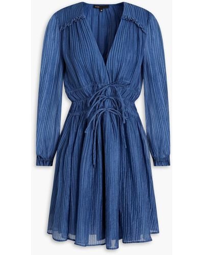 Maje Tie-detailed Lyocell-blend Plissé-organza Mini Dress - Blue
