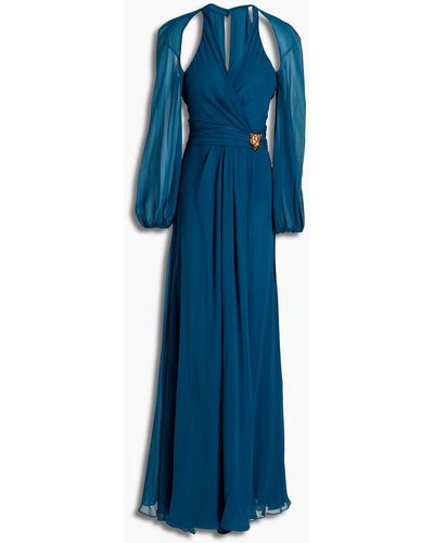 Roberto Cavalli Wrap-effect Cutout Silk-blend Chiffon Maxi Dress - Blue