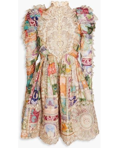 Zimmermann Lace-paneled Floral-print Linen And Silk-blend Mini Dress - Multicolour