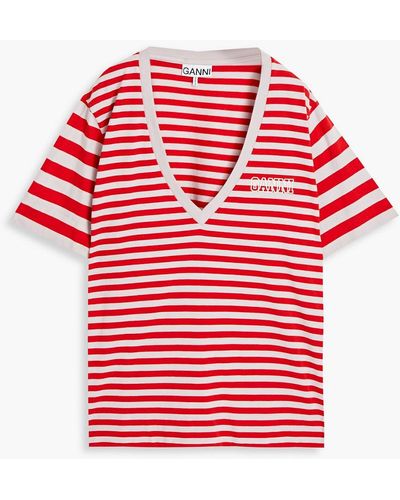 Ganni Striped Printed Organic Cotton-jersey T-shirt - Red