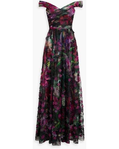 Marchesa Off-the-shoulder Floral-print Embroidered Tulle Gown - Purple