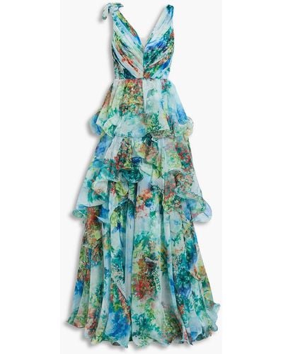 Marchesa Tiered Floral-appliquéd Printed Chiffon Gown - Blue
