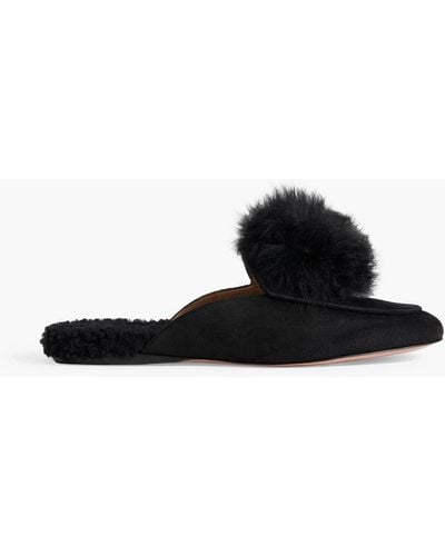 Aquazzura Foxy Pompom-embellished Shearling-lined Suede Slippers - Black