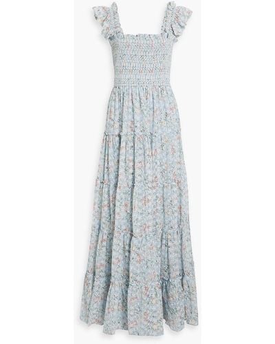 Mikael Aghal Shirred Floral-print Broderie Anglaise Maxi Dress - White