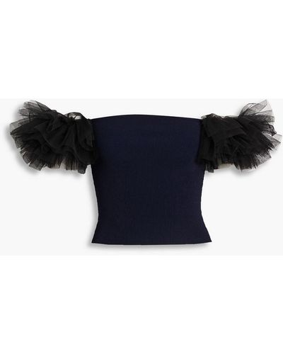Autumn Cashmere Off-the-shoulder Tulle-trimmed Ribbed Jersey Top - Blue
