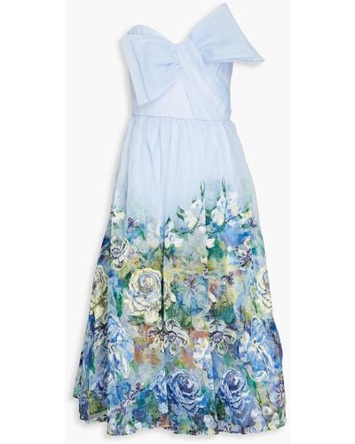 Marchesa Strapless Bow-detailed Floral-print Organza Midi Dress - Blue