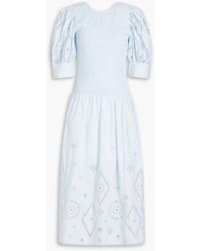 Ganni Shirred Broderie Anglaise Cotton Midi Dress - Blue