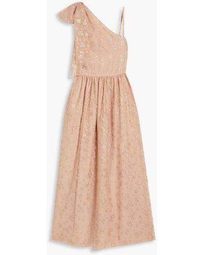 RED Valentino One-shoulder Bow-embellished Glittered Tulle Maxi Dress - Pink