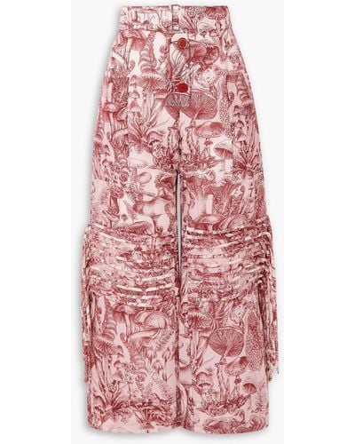 Stella McCartney Cropped Fringed Printed Silk And Cotton-blend Seersucker Wide-leg Trousers - Red