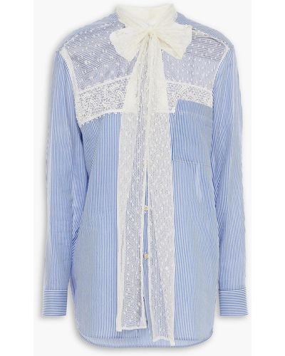 RED Valentino Pussy-bow Point D'esprit-paneled Striped Cotton And Silk-blend Shirt - Blue