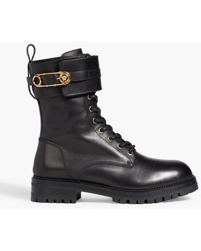 Versace Embellished Leather Combat Boots - Black