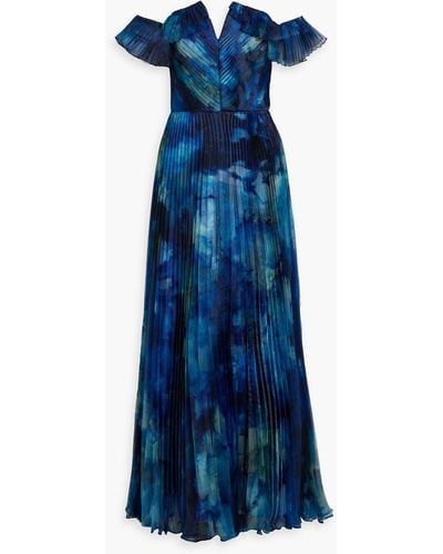 THEIA Off-the-shoulder Pleated Printed Organza Gown - Blue