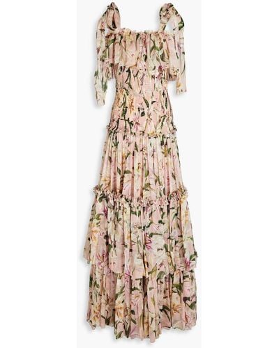 Dolce & Gabbana Ruffled Shirred Floral-print Silk Maxi Dress - Natural