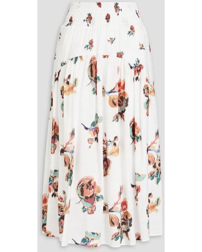 Vince Shirred Floral-print Gauze Midi Skirt - White
