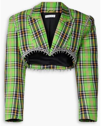 Area Cropped Embellished Checked Wool-blend Blazer - Green