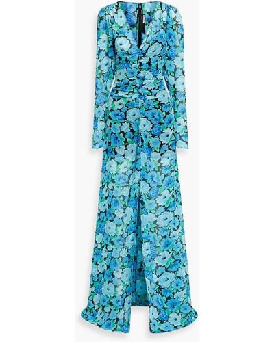 ROTATE BIRGER CHRISTENSEN Ruched Floral-print Chiffon Maxi Dress - Blue