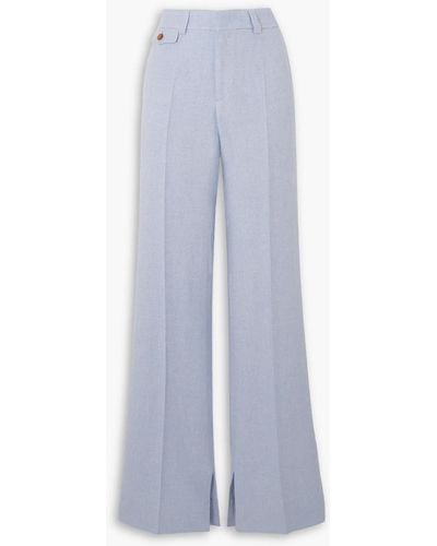 Brandon Maxwell Rena Pleated Herringbone Linen, Wool, Silk And Cashmere-blend Straight-leg Trousers - Blue
