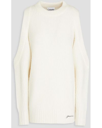 Ganni Cold-shoulder Ribbed-knit Sweater - White