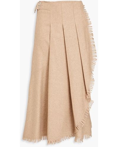 Alberta Ferretti Fringed Pleated Wool-blend Felt Midi Wrap Skirt - Natural
