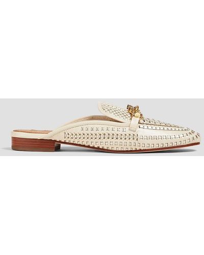 Tory Burch Jessa Chain-embellished Woven Metallic Leather Slippers - White