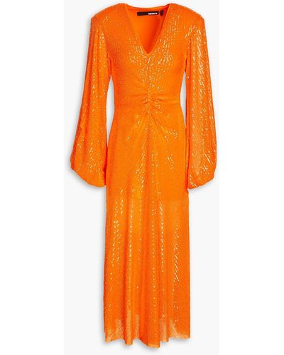 ROTATE BIRGER CHRISTENSEN Ruched Sequined Stretch-mesh Midi Dress - Orange