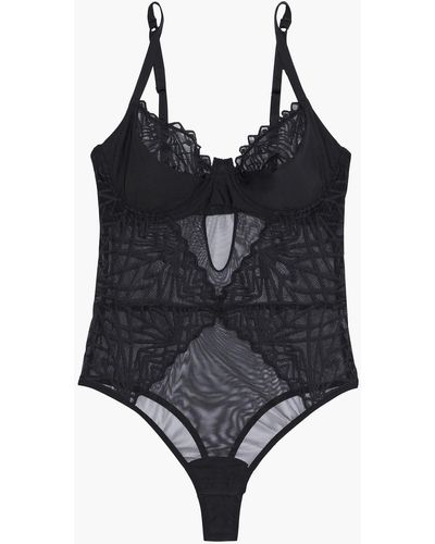 Cosabella Keira Jersey-paneled Embroidered Stretch-mesh Thong Bodysuit - Black