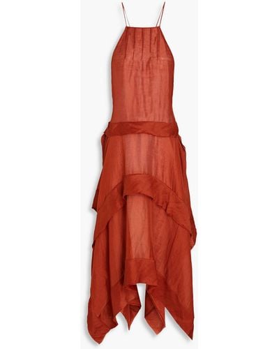 Cult Gaia Asymmetric Tiered Linen And Silk-blend Midi Dress