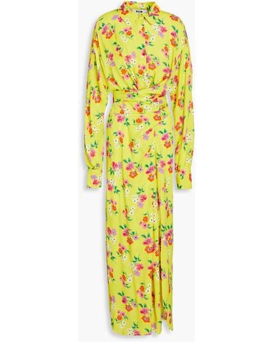 MSGM Floral-print Crepe Midi Shirt Dress - Yellow