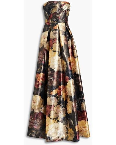 Aidan Mattox Strapless Pleated Printed Jacquard Gown - Metallic