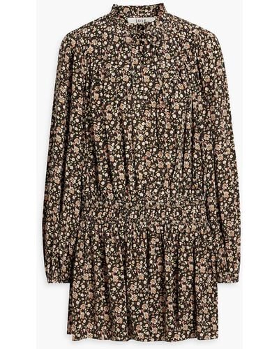 Joie Essex Shirred Floral-print Silk Crepe De Chine Mini Dress - Brown