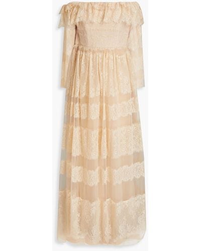 Mikael Aghal Off-the-shoulder Gathered Corded Lace And Tulle Gown - Natural