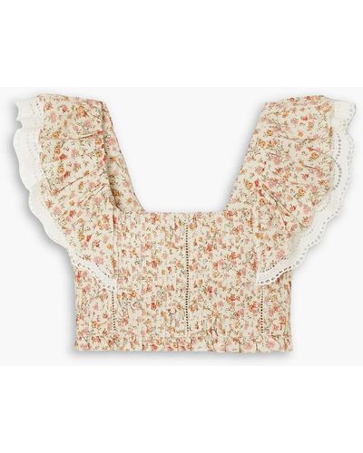 Lug Von Siga Josephine Cropped Ruffled Floral-print Cotton And Linen-blend Top - Natural