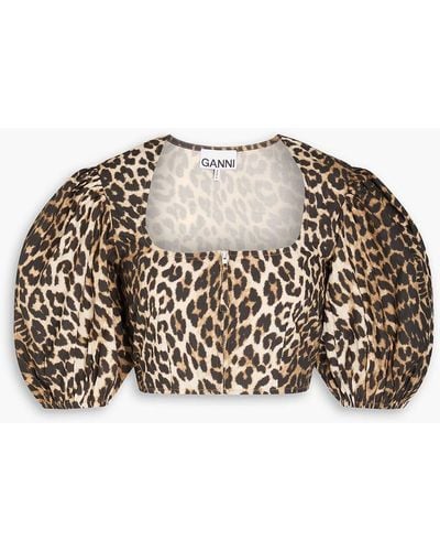 Ganni Cropped Leopard-print Cotton-poplin Top - Multicolour