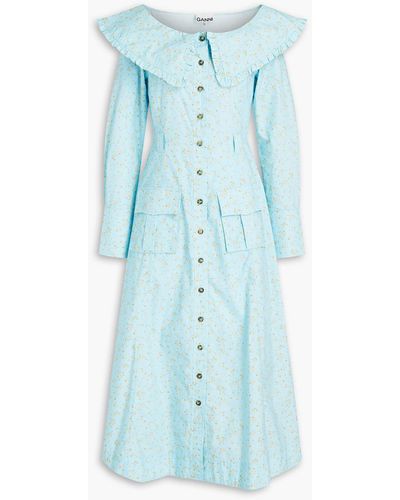 Ganni Ruffle-trimmed Floral-print Organic Cotton-poplin Midi Dress - Blue