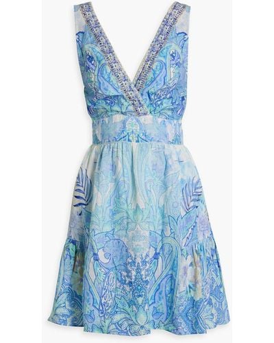 Camilla Embellished Printed Linen Mini Dress - Blue