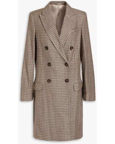 Brunello Cucinelli Double-breasted Houndstooth Linen, Wool And Silk-blend Coat - Brown