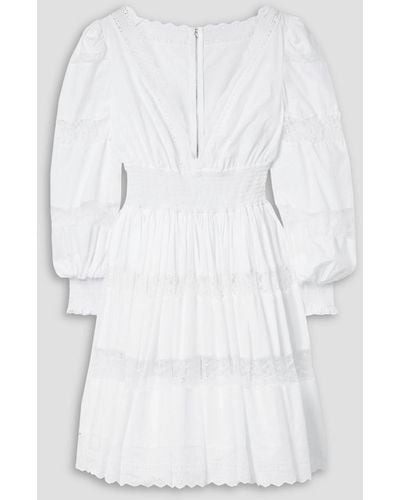 Dolce & Gabbana Shirred Lace-trimmed Cotton-blend Poplin Mini Dress - White