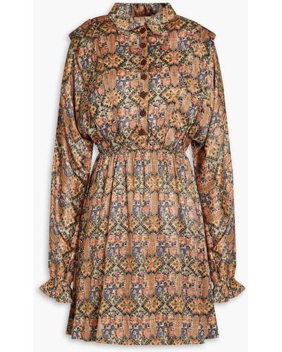byTiMo Gathered Floral-print Cotton-blend Jacquard Mini Dress - Brown