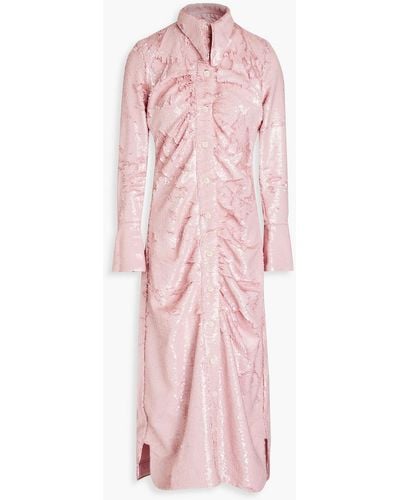 Ganni Ruched Sequined Georgette Midi Shirt Dress - Pink
