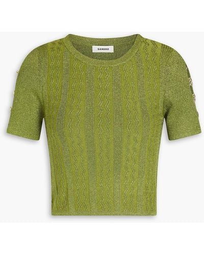 Sandro Ring-embellished Cutout Metallic Knitted Top - Green