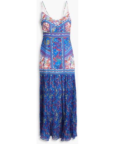 Saloni Veronica Printed Silk Crepe De Chine Midi Dress - Blue