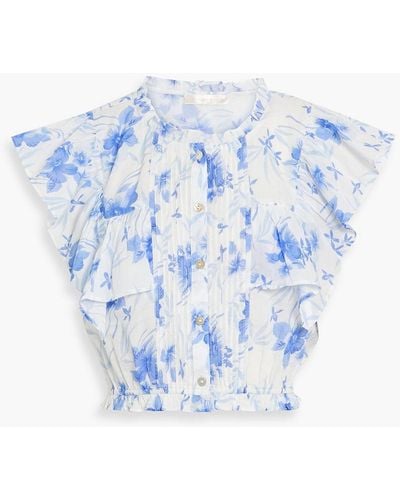 LoveShackFancy Nora Cropped Floral-print Cotton-voile Top - Blue
