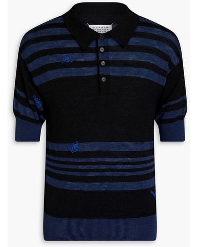 Maison Margiela Embroidered Striped Knitted Polo Shirt - Blue