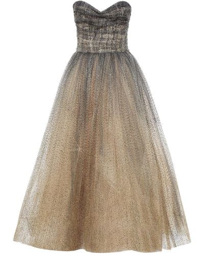 Monique Lhuillier Strapless Glittered Flocked Tulle Gown - Natural