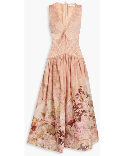 Zimmermann Lace-paneled Floral-print Silk And Linen-blend Maxi Dress - Pink