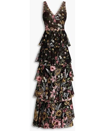 Marchesa Tiered Embroidered Tulle Gown - Black