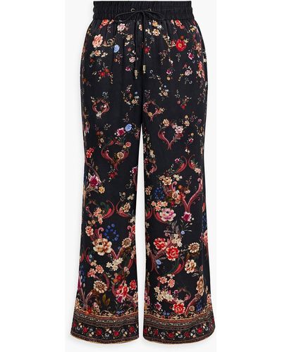 Camilla Cropped Crystal-embellished Printed Silk-satin Wide-leg Trousers - Black