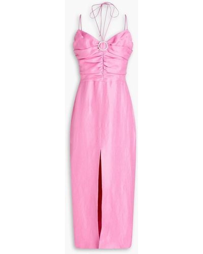 Rasario Ruched Crystal-embellished Linen-blend Midi Dress - Pink