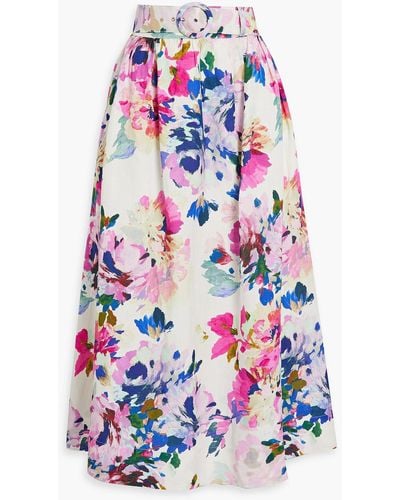 Nicholas Daphne Belted Floral-print Linen-blend Maxi Skirt - White