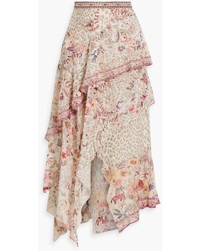 Camilla Tiered Embellished Printed Silk-chiffon Midi Skirt - Natural